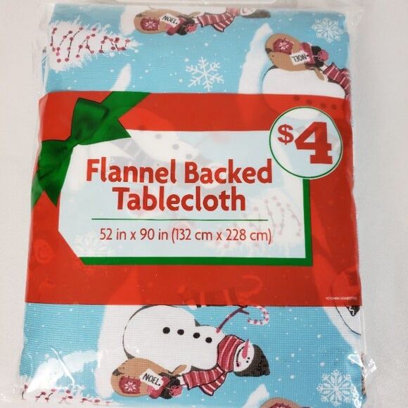 Adorable NEW Blue Snowman Christmas Flannel Backed Tablecloth 52"x90" - Picture 2 of 8